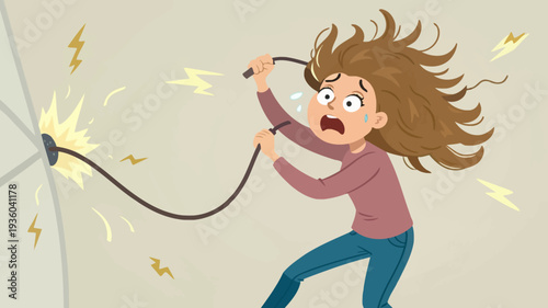 Frustrated woman experiencing electrical shock with sparking cord