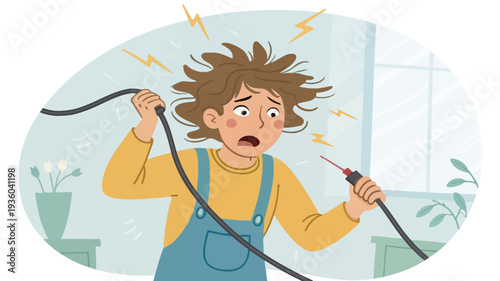 Frustrated woman experiencing electrical shock with sparking wires