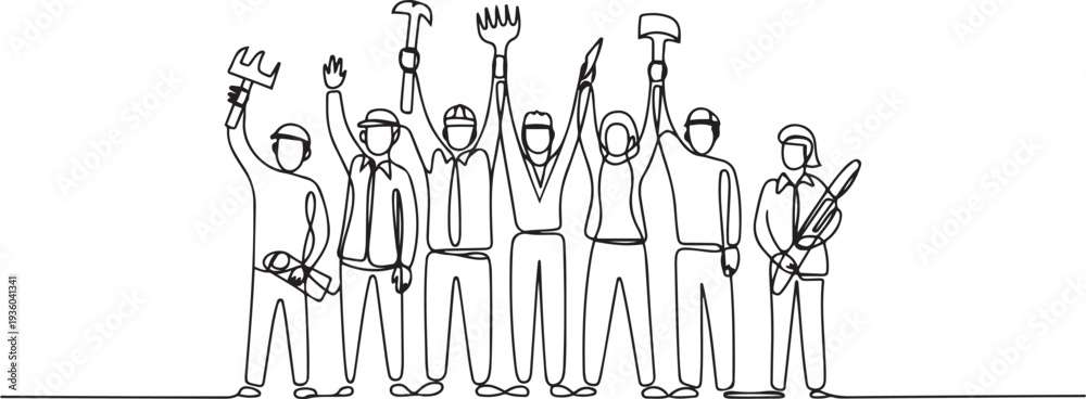 Obraz premium labour day vector art. Group of labours as a builder of nation. one line art icon drawing vector