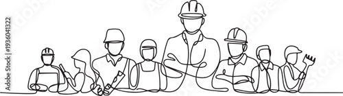 labour day vector art. Group of labours as a builder of nation. one line art icon drawing vector