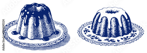 Two delicious bundt cakes on decorative plates in vintage woodcut style