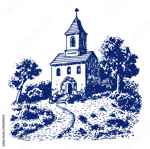 Scenic vintage engraving of a small traditional Christian church with a cross and a path