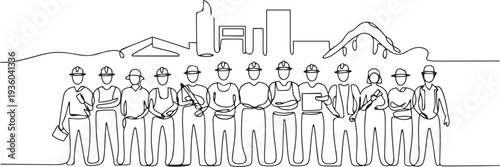 labour day vector art. Group of labours as a builder of nation. one line art icon drawing vector