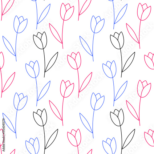 Pink and purple tulips seamless pattern. Line Flower bloom, garden background. Spring nature decoration. Outline flowers art on white background.