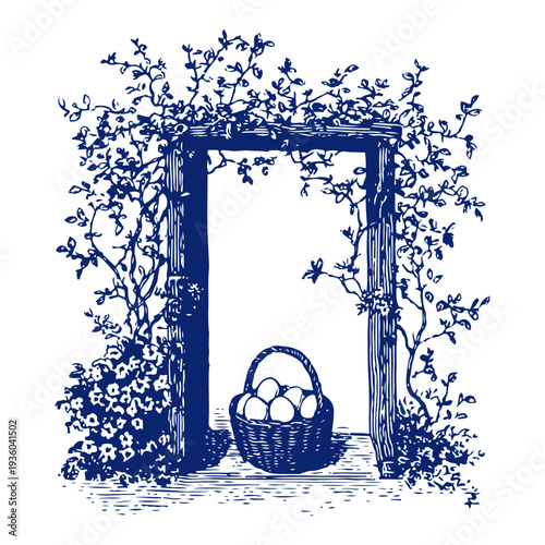 Vintage engraving of a garden gate covered in vines with an easter egg basket inside