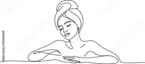 Girl enjoying spa salon isolated on white background. Fashion line art drawing. one line art icon drawing vector