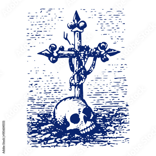 Classic religious engraving depicting a skull at the foot of a cross with a serpent