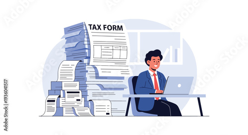Modern vector illustration of small business owner calculating income tax at office desk with laptop, receipts and calculator. Financial compliance and annual tax preparation concept