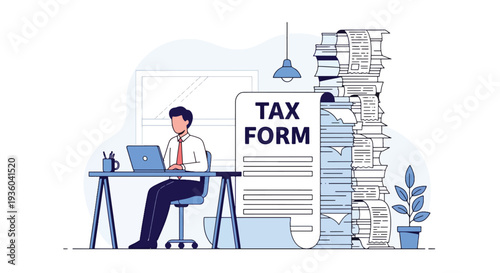 Modern vector illustration of small business owner calculating income tax at office desk with laptop, receipts and calculator. Financial compliance and annual tax preparation concept