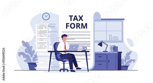 Modern vector illustration of small business owner calculating income tax at office desk with laptop, receipts and calculator. Financial compliance and annual tax preparation concept