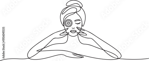 Girl enjoying spa salon isolated on white background. Fashion line art drawing. one line art icon drawing vector