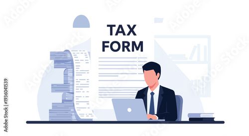Modern vector illustration of small business owner calculating income tax at office desk with laptop, receipts and calculator. Financial compliance and annual tax preparation concept