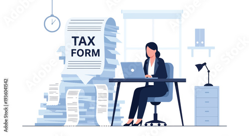 Modern vector illustration of small business owner calculating income tax at office desk with laptop, receipts and calculator. Financial compliance and annual tax preparation concept