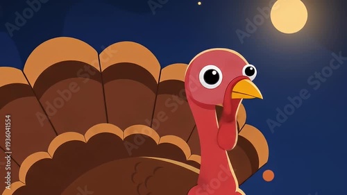 Cartoon turkey standing proudly against a night sky with stars and a full moon, festive atmosphere