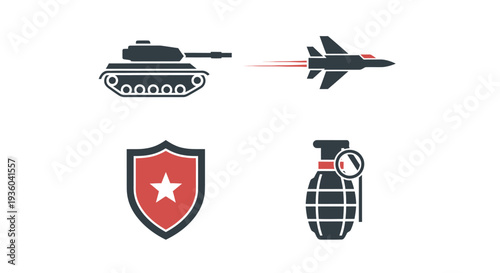 Military icons collection featuring tank, jet, shield, and grenade vector (28) elements