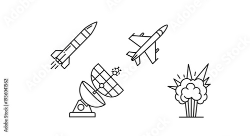 Military aircraft and missile launch with satellite transmission and explosion vector graphics