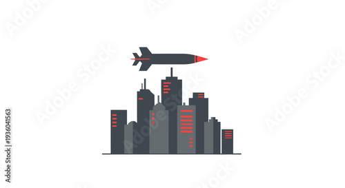 A rocket soars over a futuristic cityscape at dusk, vector graphic design.