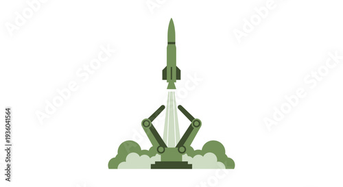 A green rocket launching from a robotic arm into the sky with clouds vector (40)