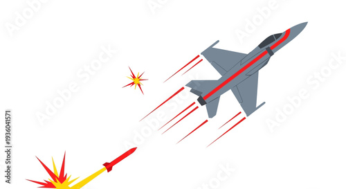Fighter jet fires missiles in a dynamic aerial combat scene vector illustration