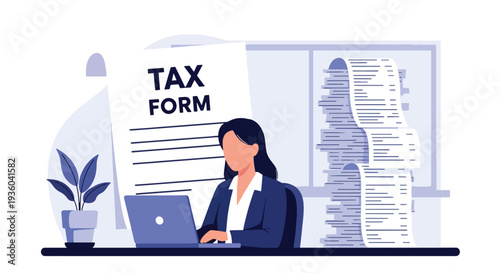 Modern vector illustration of small business owner calculating income tax at office desk with laptop, receipts and calculator. Financial compliance and annual tax preparation concept