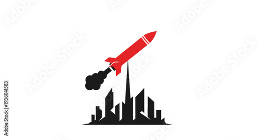 Rocket launching into the sky above a cityscape with smoke vector illustration