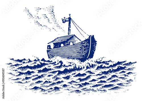 Vintage engraving showing Noahs Ark boat floating on the rough ocean waves