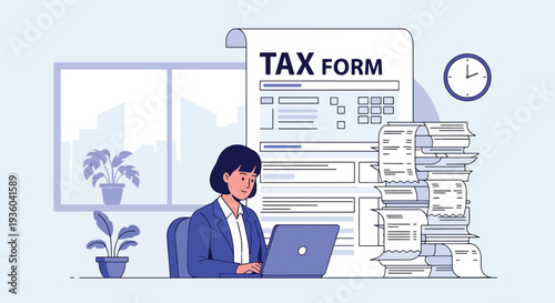 Modern vector illustration of small business owner calculating income tax at office desk with laptop, receipts and calculator. Financial compliance and annual tax preparation concept