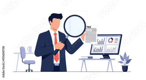 Modern vector illustration of small business owner check tax document with magnifying glass. Financial compliance and annual tax preparation concept