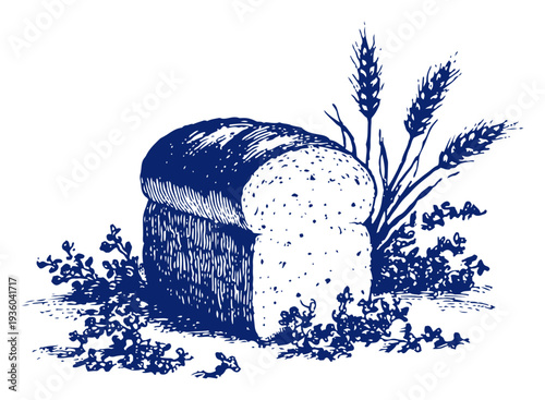 Traditional vintage illustration of a bread loaf next to growing wheat stalks
