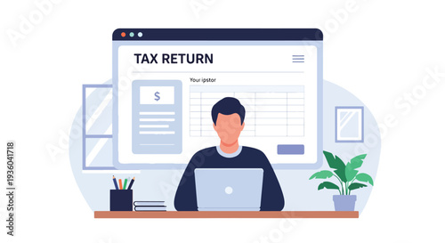 Modern vector illustration of taxpayer submitting online tax return through secure government portal on laptop. Digital e-filing and paperless financial compliance concept
