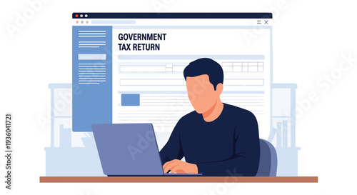 Modern vector illustration of taxpayer submitting online tax return through secure government portal on laptop. Digital e-filing and paperless financial compliance concept
