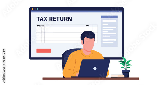 Modern vector illustration of taxpayer submitting online tax return through secure government portal on laptop. Digital e-filing and paperless financial compliance concept