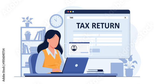 Modern vector illustration of taxpayer submitting online tax return through secure government portal on laptop. Digital e-filing and paperless financial compliance concept