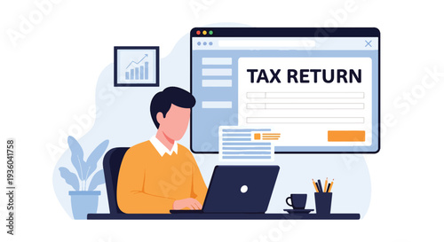 Modern vector illustration of taxpayer submitting online tax return through secure government portal on laptop. Digital e-filing and paperless financial compliance concept