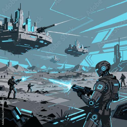 Futuristic Robot War in a High-Tech Sci-Fi Desert Landscape with Floating Cities