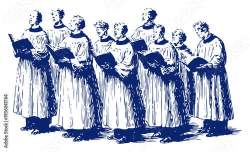 Vintage engraving of a church choir singing from songbooks in traditional robes