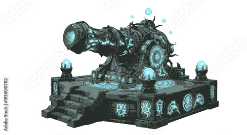 Ancient Magical Cannon with Glowing Runes and Stone Platform
