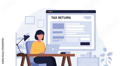 Modern vector illustration of taxpayer submitting online tax return through secure government portal on laptop. Digital e-filing and paperless financial compliance concept