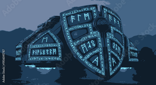 Ancient Runestone Shield with Nordic Inscriptions, Mystical Artifact