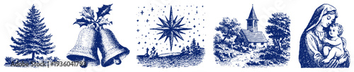 Collection of vintage Christmas symbols including bells and Bethlehem star and mother Mary