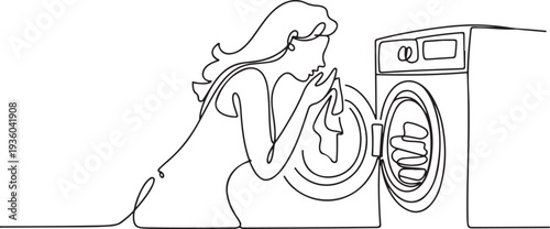 Continuous line drawing of a woman smelling freshly washed clothes from a washing machine. one line art icon drawing vector