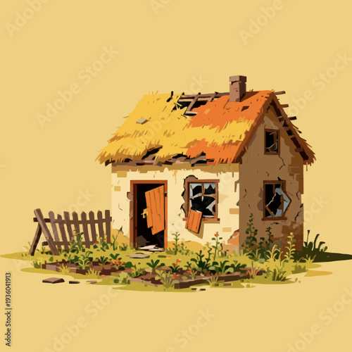 Abandoned old rural cottage with broken windows and thatched roof in minimalist vector style