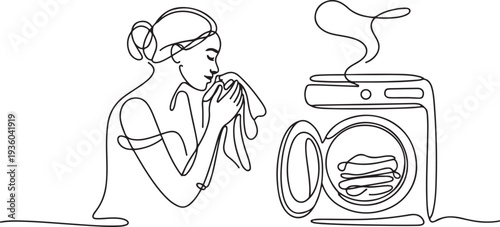 Continuous line drawing of a woman smelling freshly washed clothes from a washing machine. one line art icon drawing vector