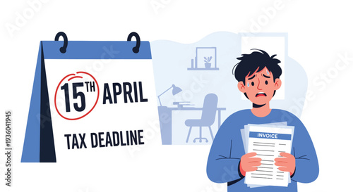 Modern vector illustration of stressed freelancer checking calendar marked with tax deadline. Financial responsibility and annual tax season pressure concept