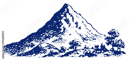 High mountain peak landscape in traditional vintage engraving style with trees and scenery