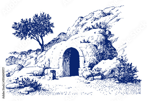Empty cave tomb of jesus christ on a rocky hill in vintage engraving style for easter