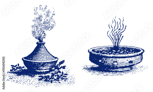Two vintage incense burners with rising smoke in classic woodcut engraving style
