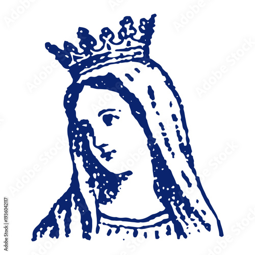 Detailed vintage woodcut illustration of the Virgin Mary as the Queen of Heaven with a crown