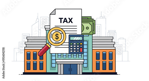 Flat vector illustration of tax office building with approved tax document and check mark, financial service concept for accounting, income tax filing, government revenue and business compliance