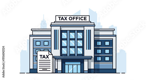 Flat vector illustration of tax office building with approved tax document and check mark, financial service concept for accounting, income tax filing, government revenue and business compliance